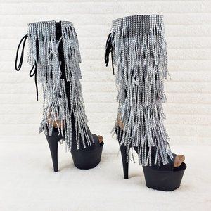 Black / Silver 2024 Fringe High Heel Open Toe Knee Boots